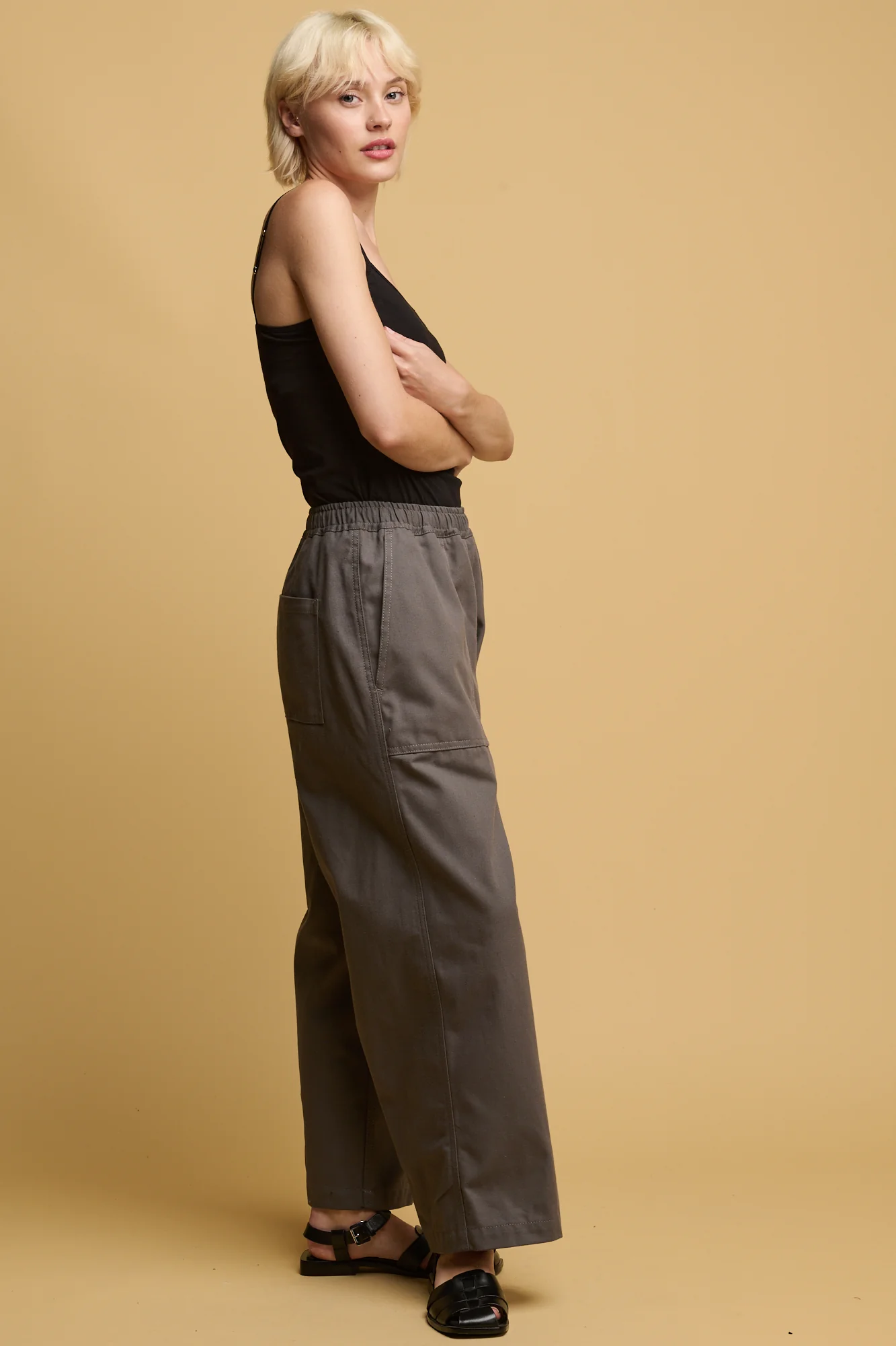 Camerawoman Drawstring Tapered Cotton Canvas Trousers - Charcoal - Image 2