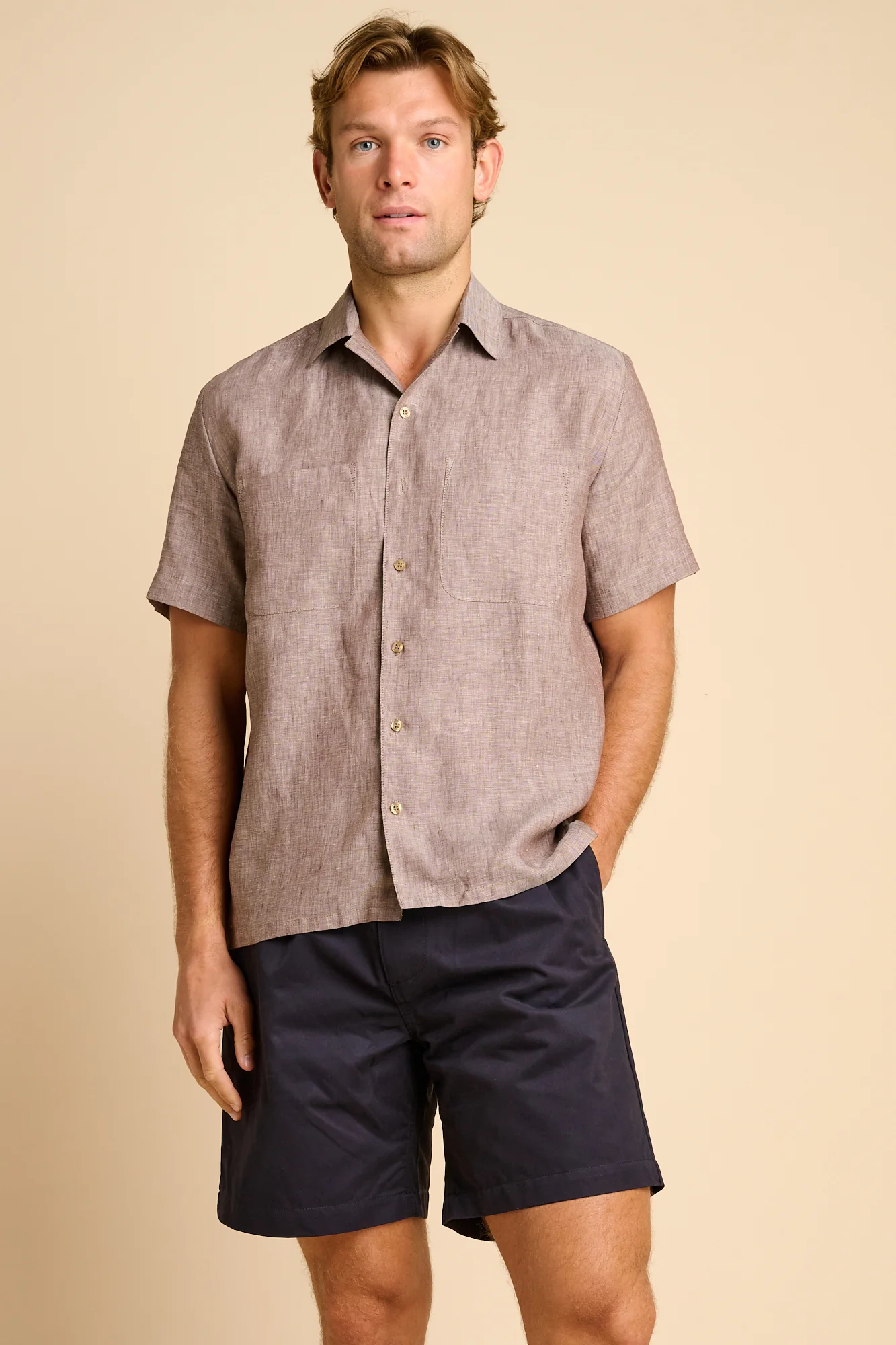 MARC LINEN SHORT SLEEVE BOWLING SHIRT - BROWN - Image 3