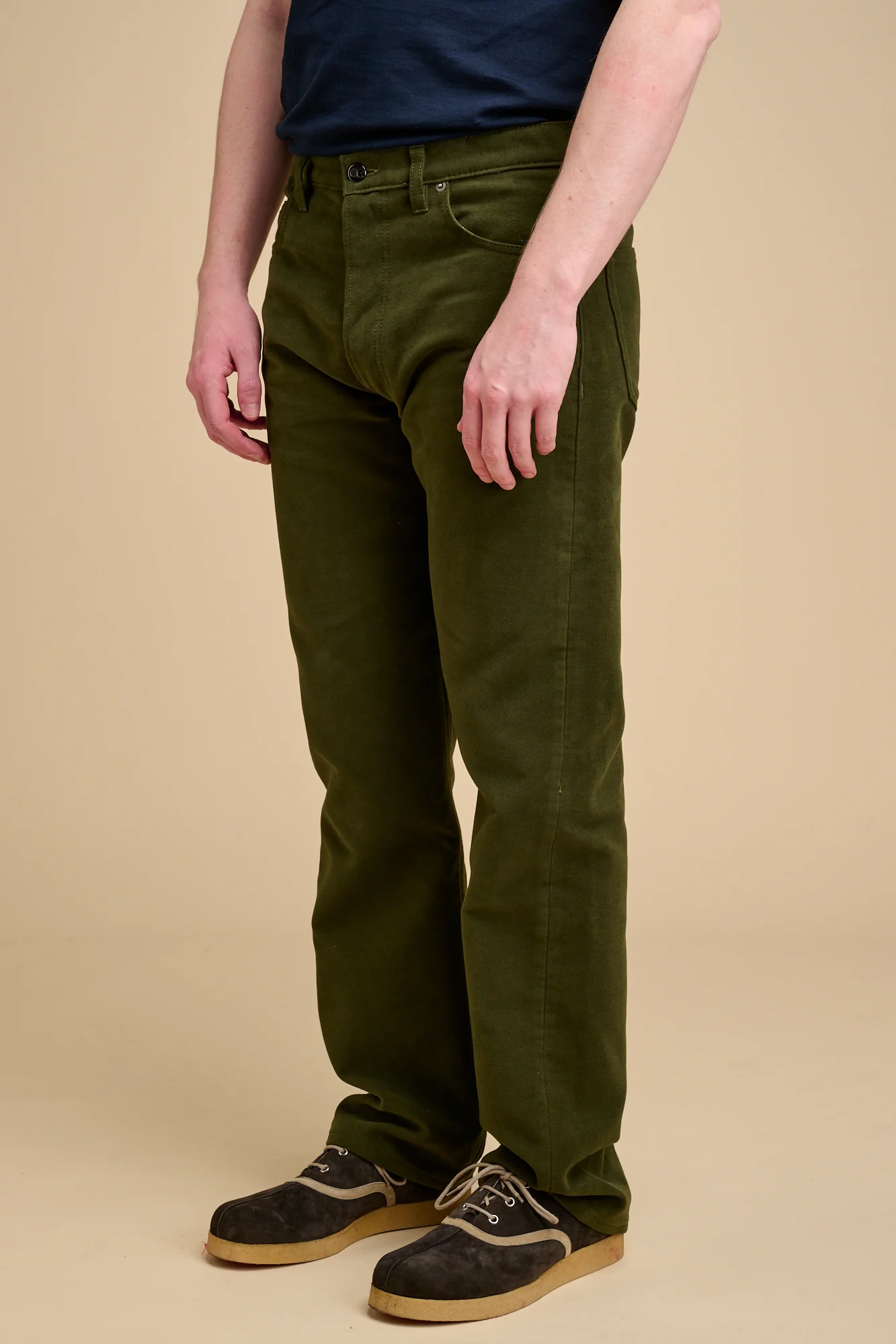 Mens Arran Loose Fit Moleskin Jean - Dark Olive - Image 2