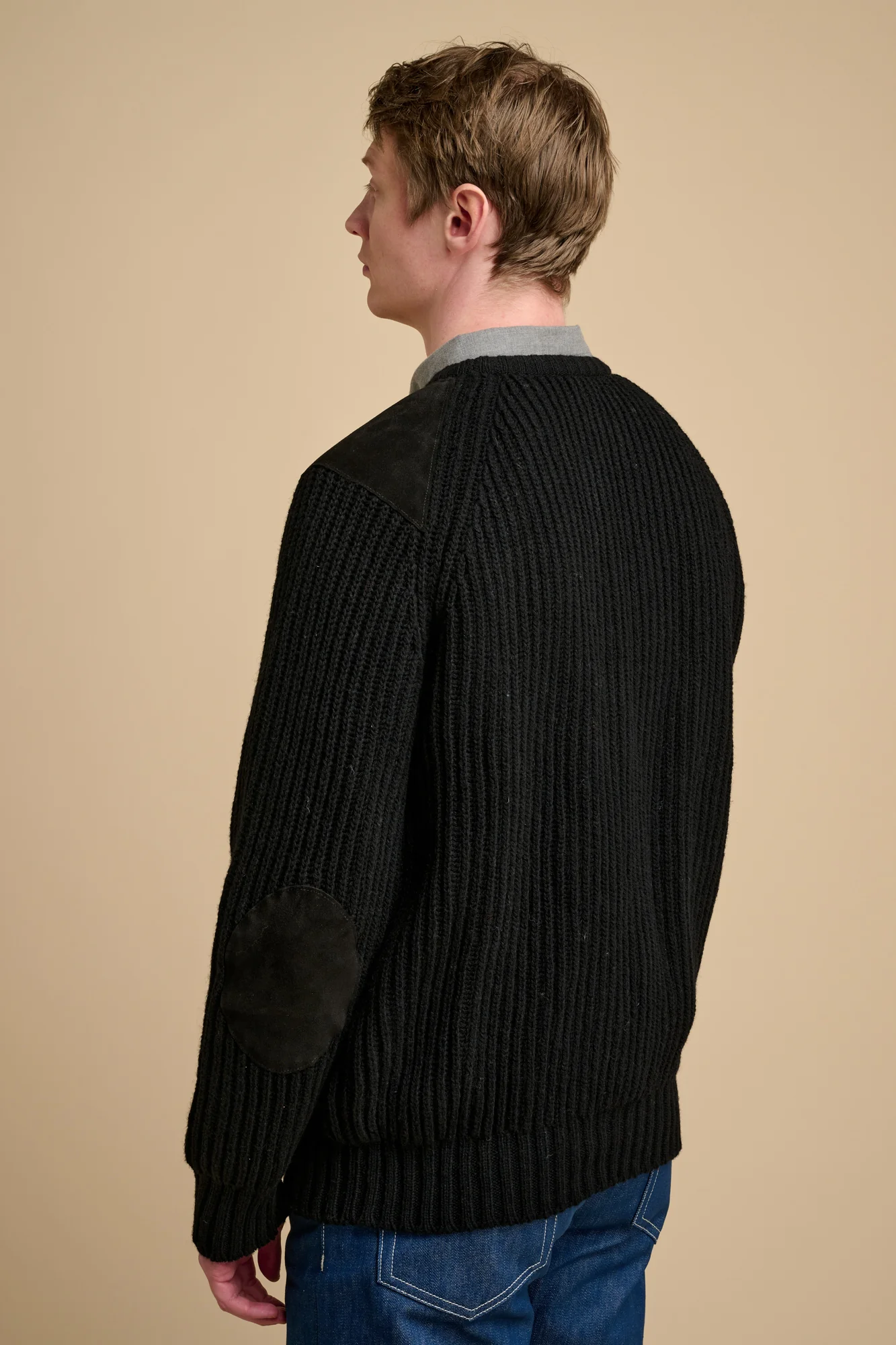Men's Lambswool Fisherman Ribbed Jumper- Black - Image 3
