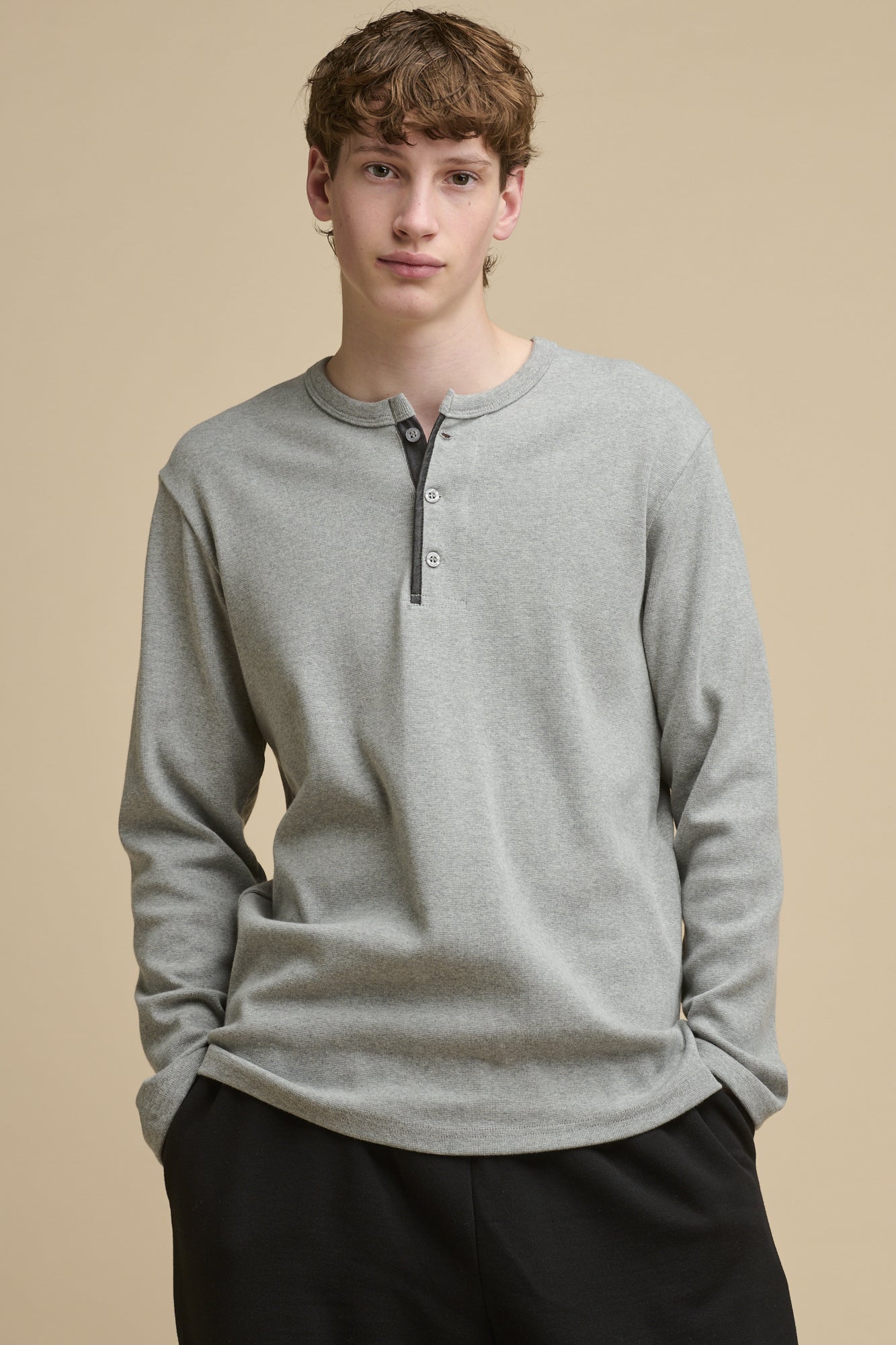 Men's Long Sleeve Henley Top - Grey Marl