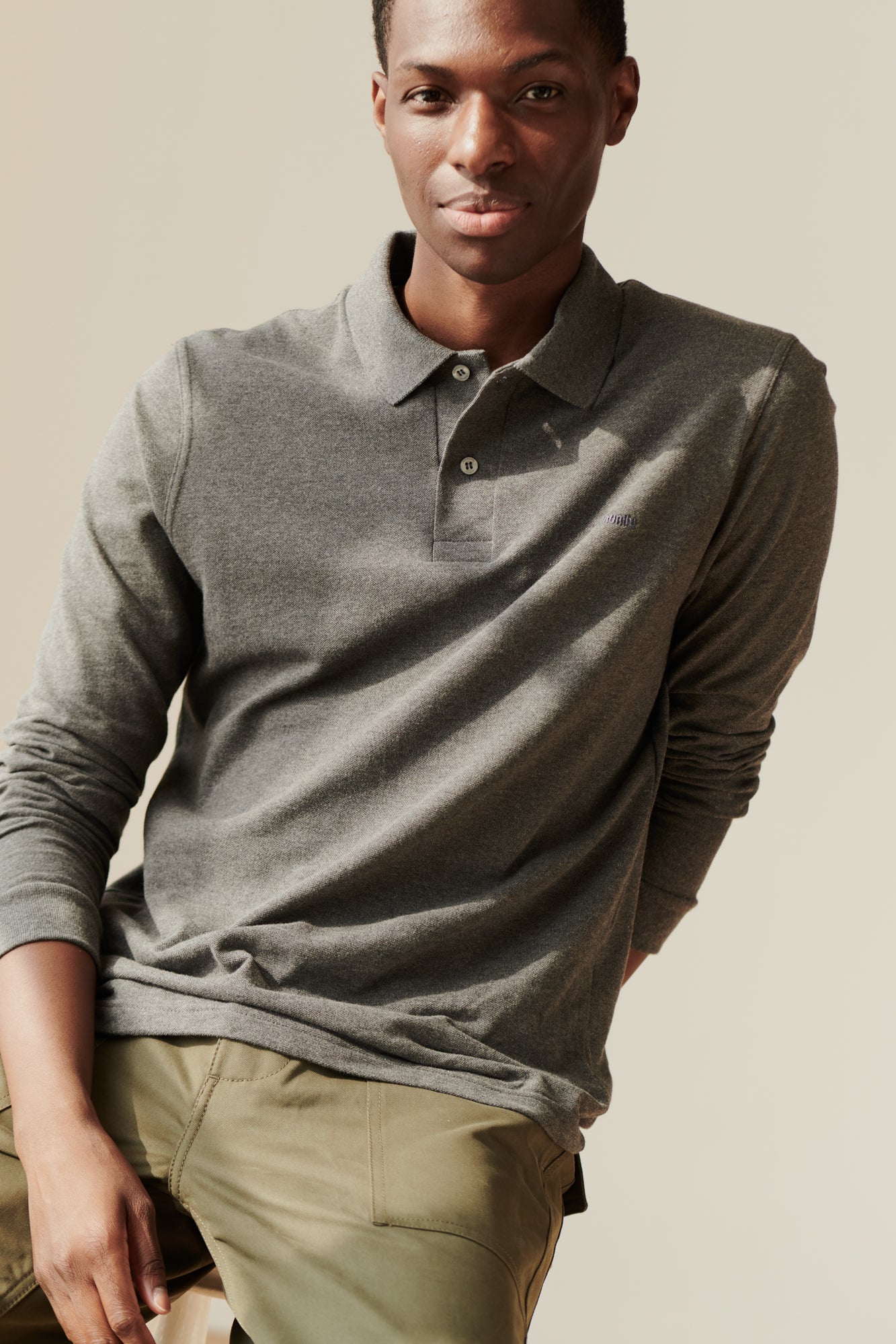 Long Sleeve Polo Shirt - Grey Marl - Image 3