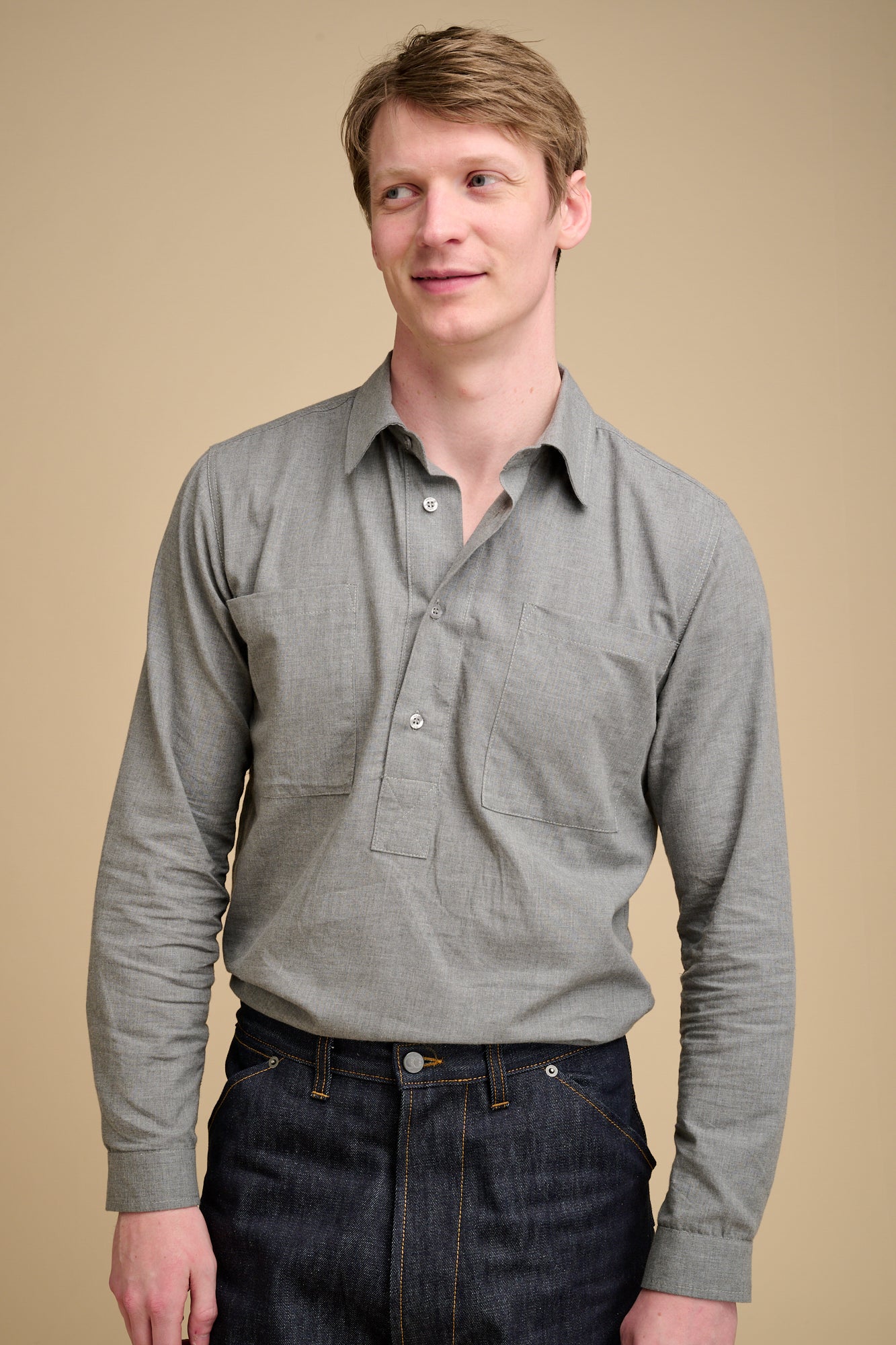 Mens Oli Half Placket Brushed Ctn Shirt - Grey - Image 5