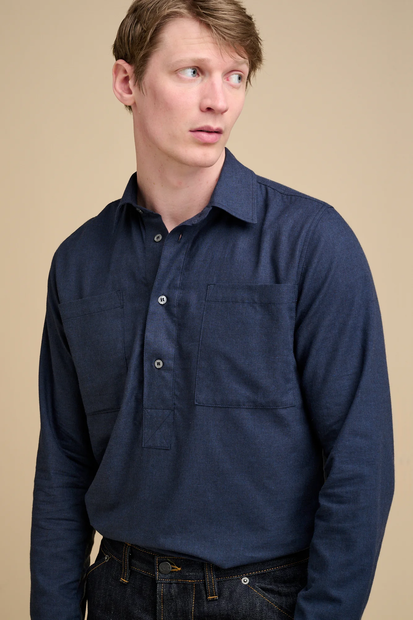 Mens Oli Half Placket Brushed Ctn Shirt - Navy