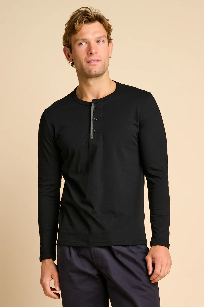 Men's Single Jersey Henley Plastic Free - Black - Image 3