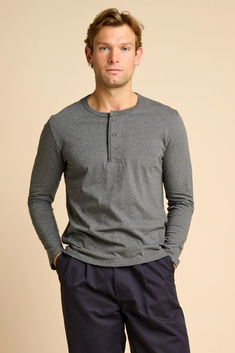 Men's Single Jersey Henley Plastic Free - Charcoal
