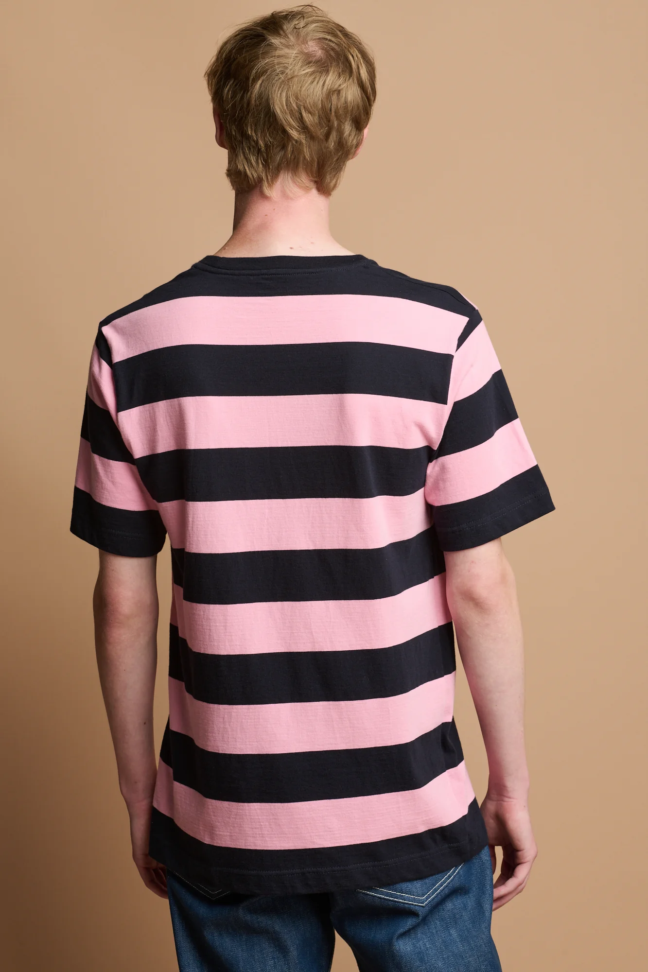 Men's Wide Stripe Short Sleeve T Shirt - Pink/Navy - Image 2