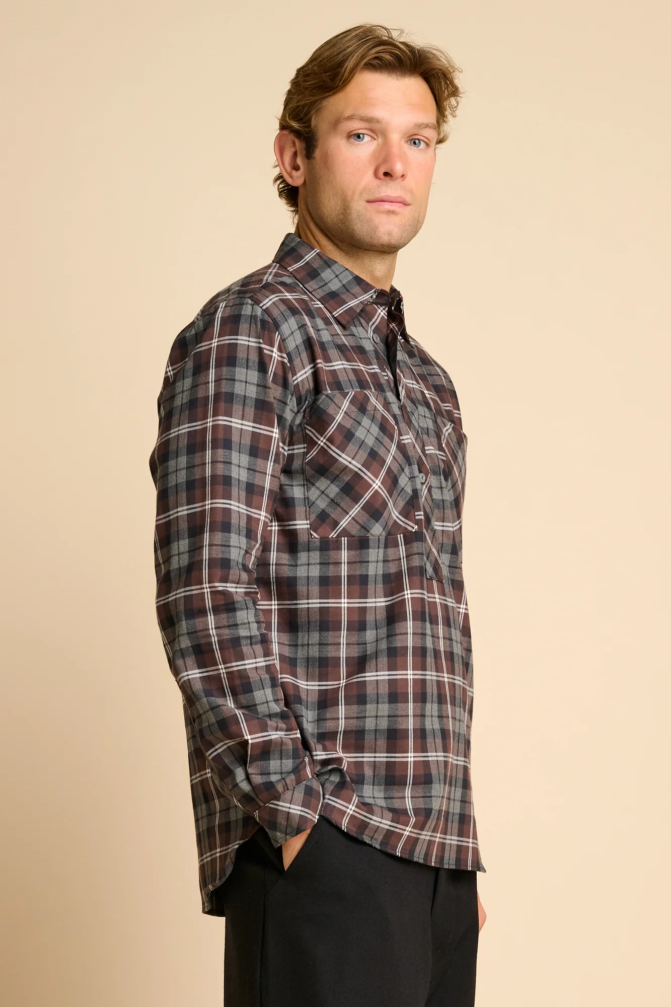 Oli Half Placket Cotton Shirt Brown Multi Check - Image 5
