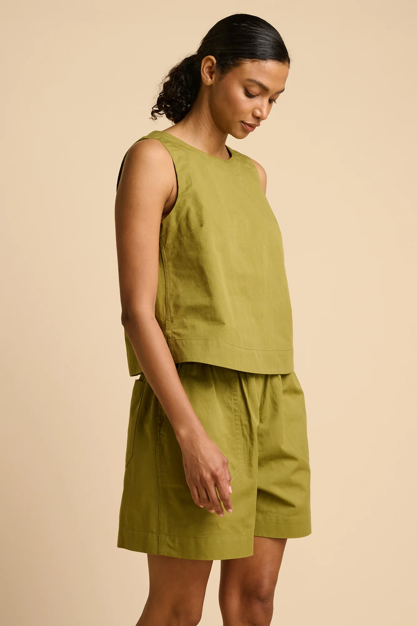 Patsy Pull Up Cotton Hemp Shorts - Light Olive - Image 3