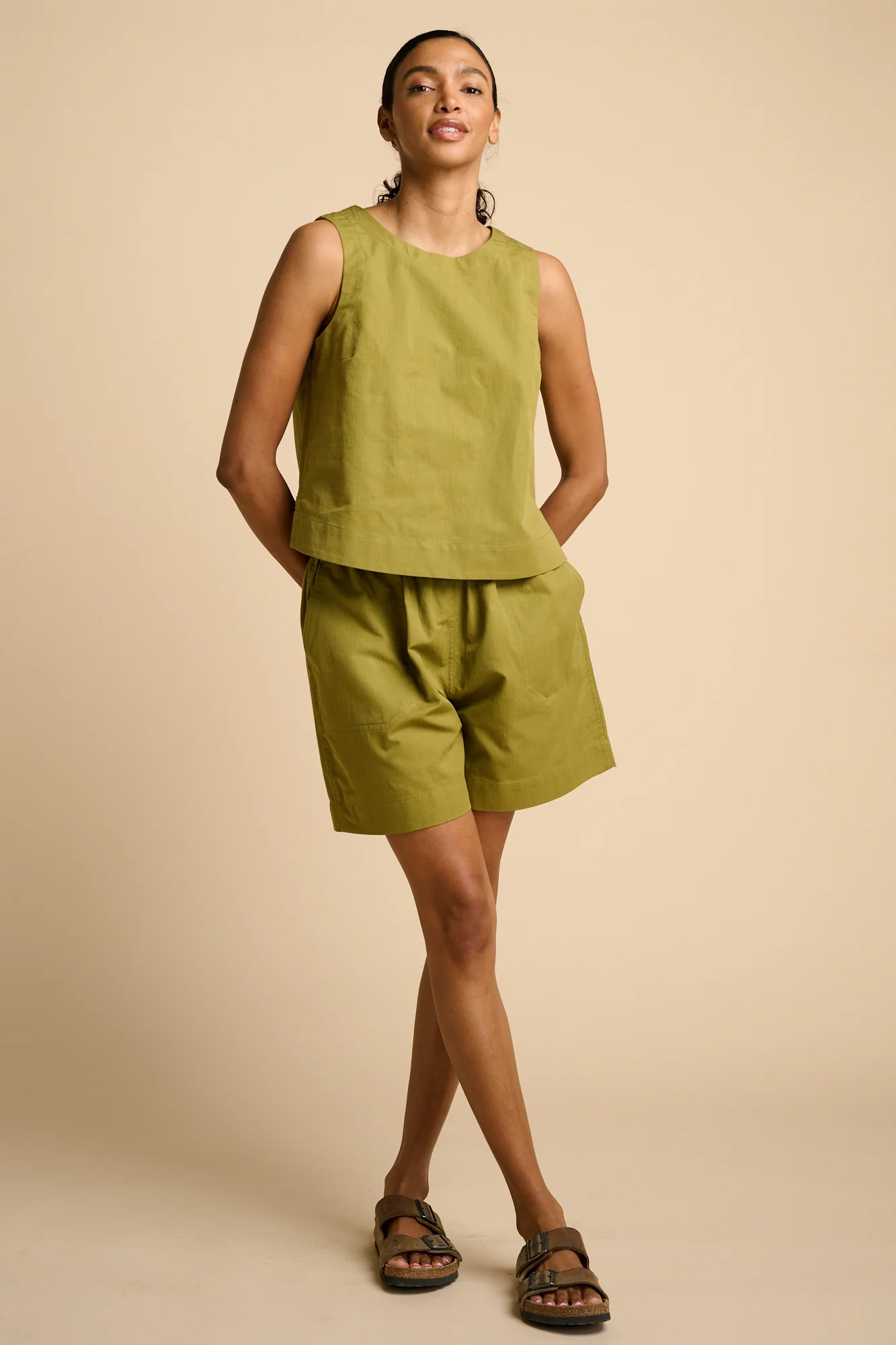 Patsy Pull Up Cotton Hemp Shorts - Light Olive - Image 4