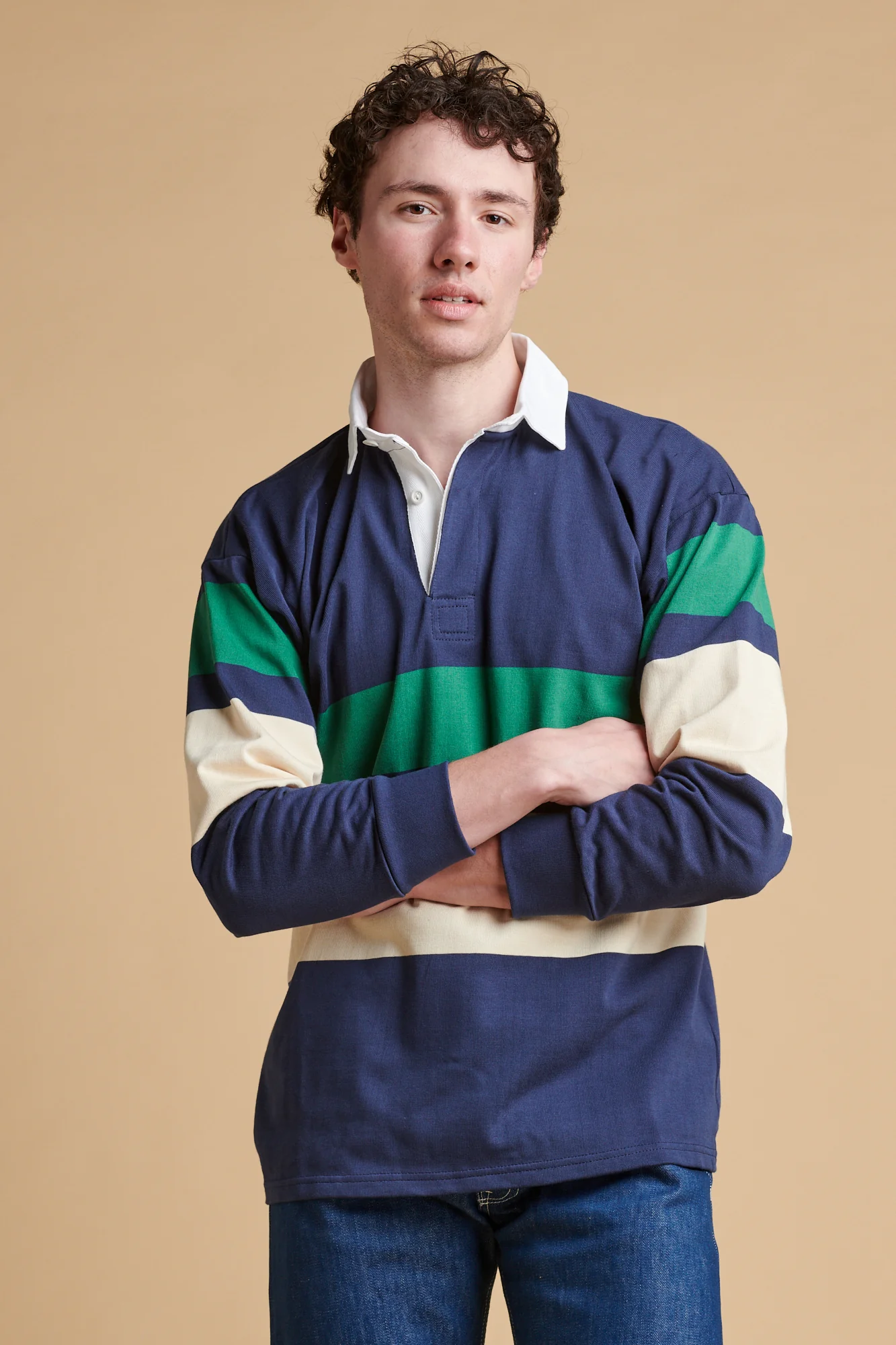 Chest Striped Rugby Shirt - Navy/Ecru/Bottle Green