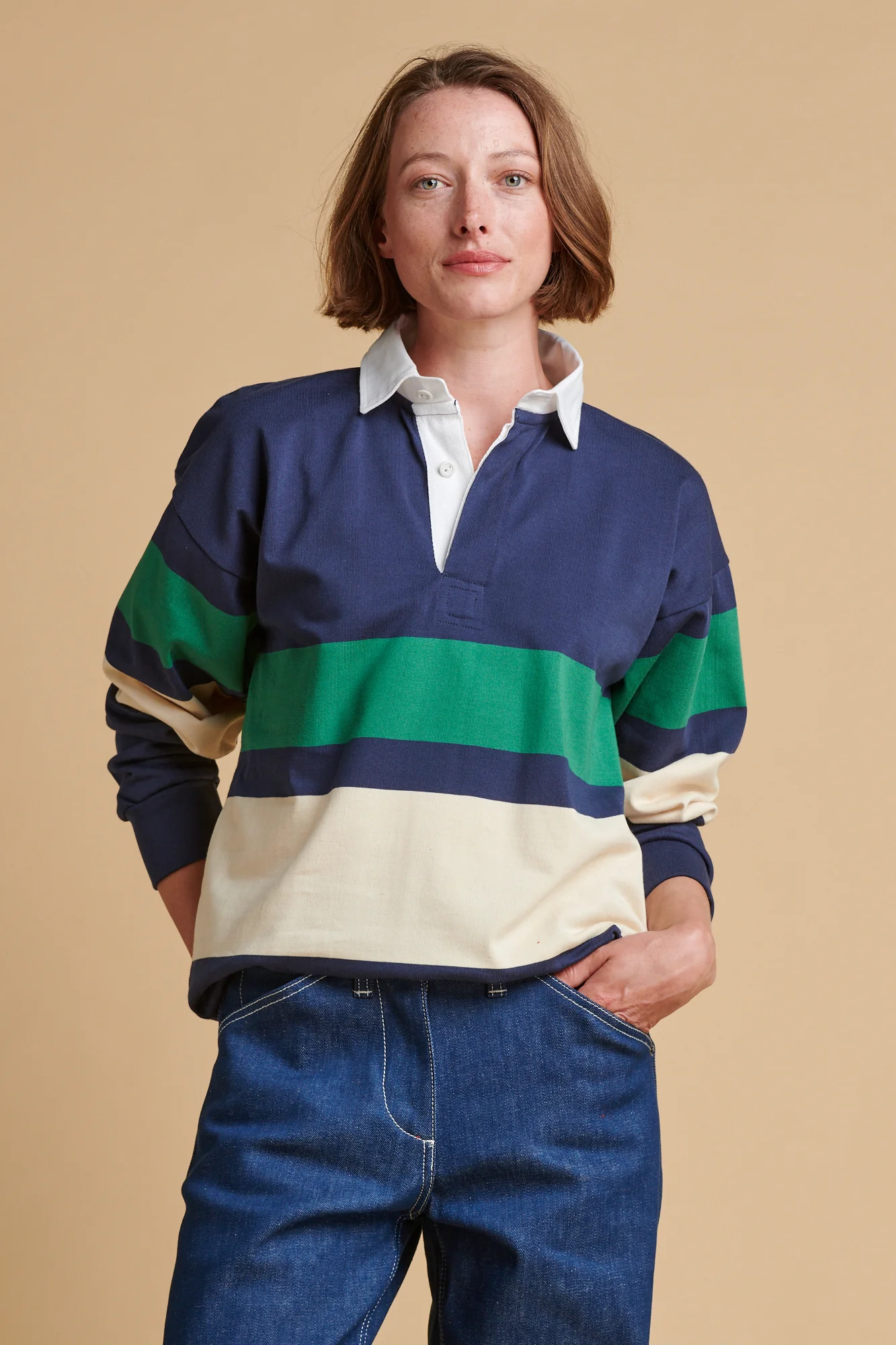 Chest Striped Rugby Shirt - Navy/Ecru/Bottle Green - Image 2