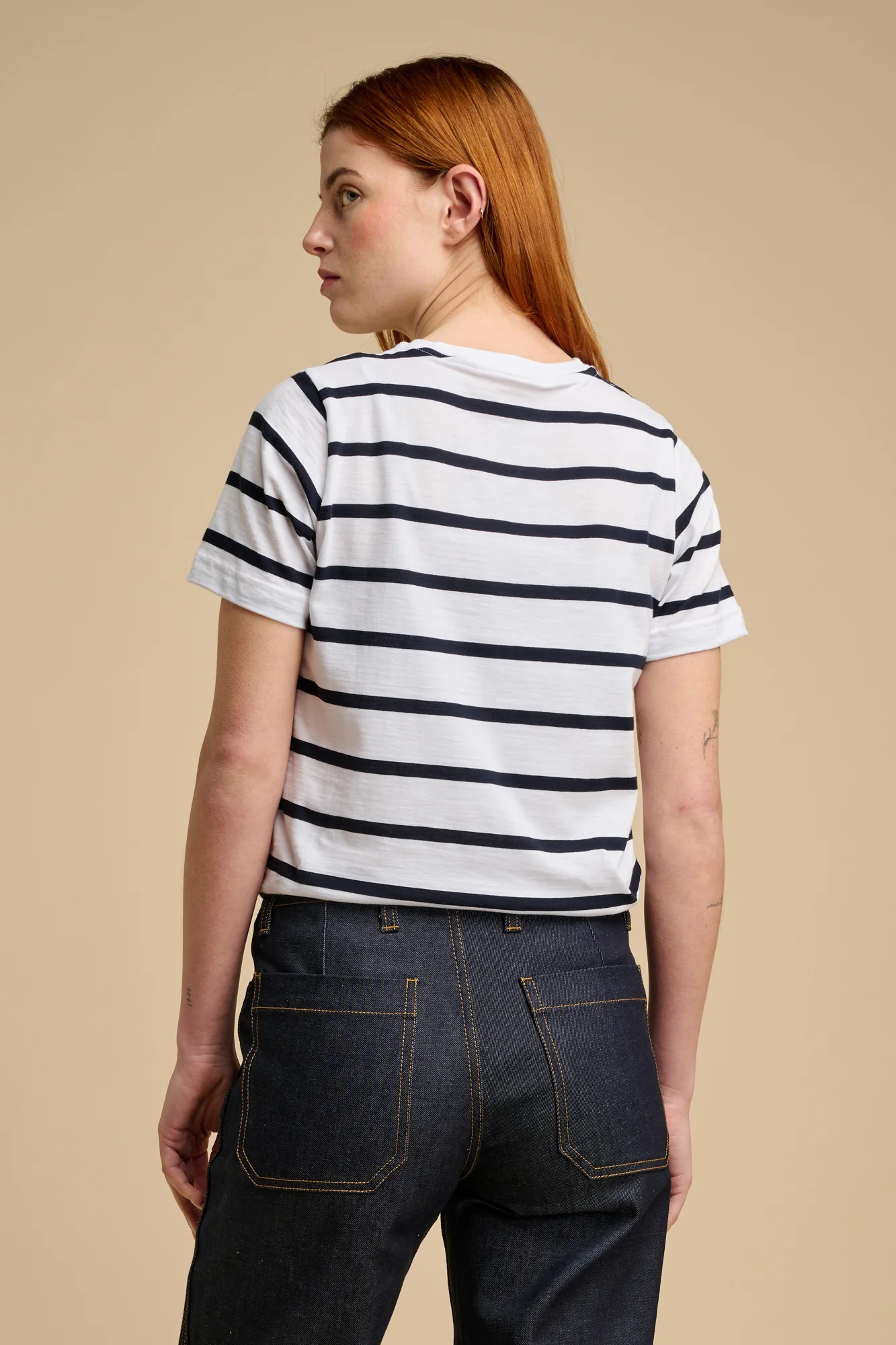 Women Short Sleeve T Shirt Plastic Free White Navy - Image 2
