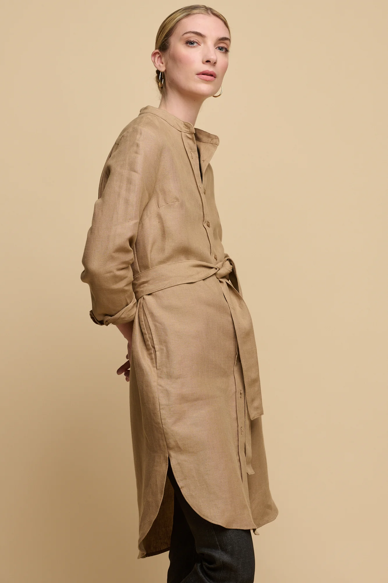 Women's Collarless Shirt Dress - Truffle Linen - Image 2
