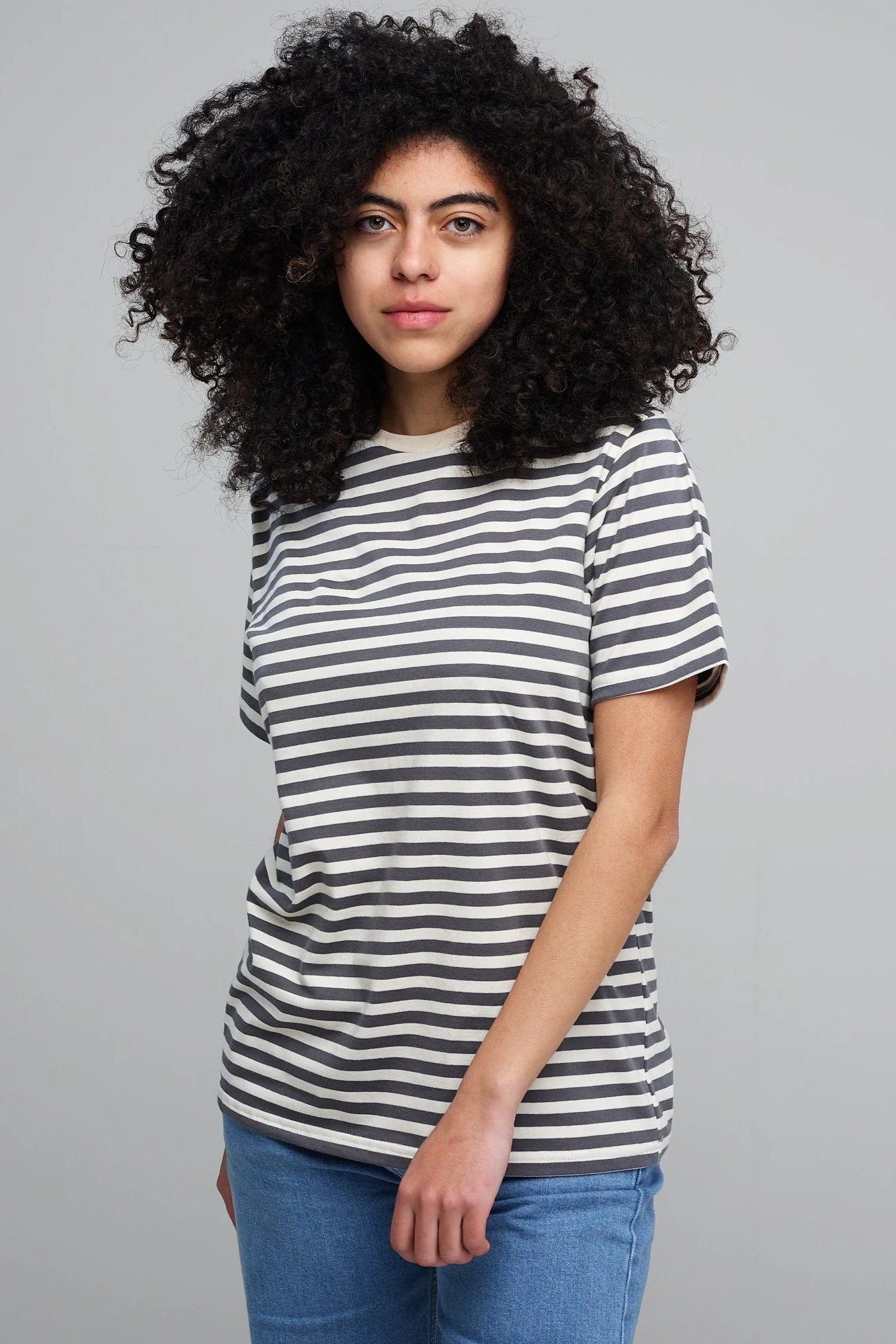 Women's Short Sleeve Striped T Shirt - Grey/Ecru