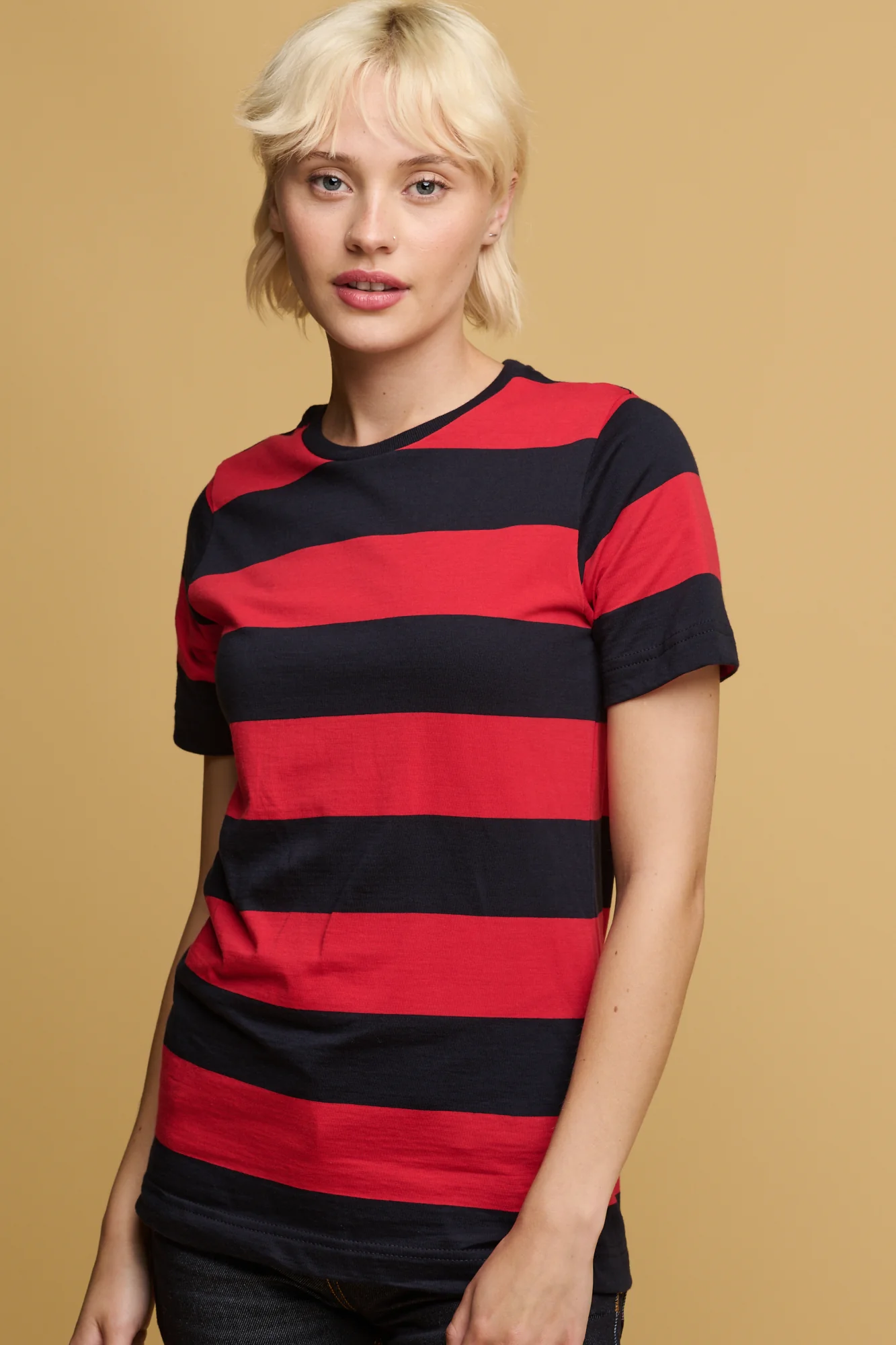 Women's Wide Stripe Short Sleeve T Shirt - Red/Navy - Image 3